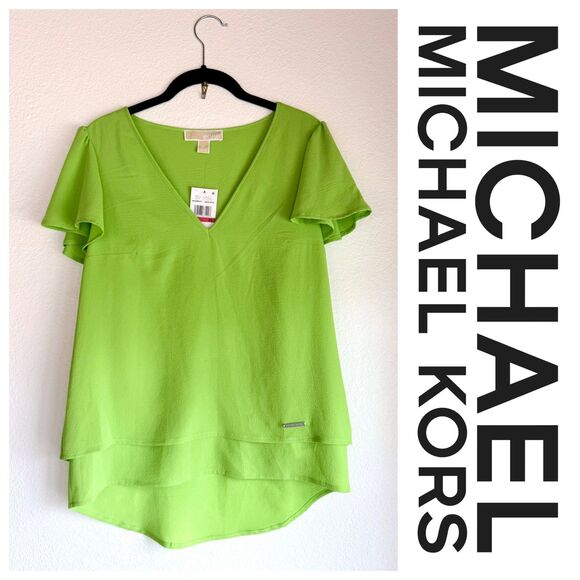 NWT MICHAEL Michael Kors Women's Flutter Sleeve V-Neck Blouse in Green Apple XS - Picture 1 of 8